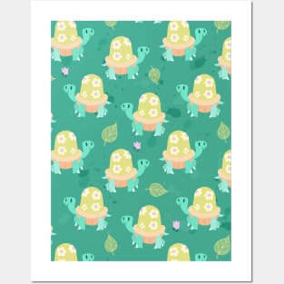 Cute Flowery Turtle Pattern Posters and Art